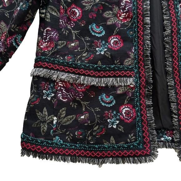 Loft Outlet Black Floral Fringe Embroidered 3/4 Sleeve Open Front Blazer Size 8 - Picture 9 of 12